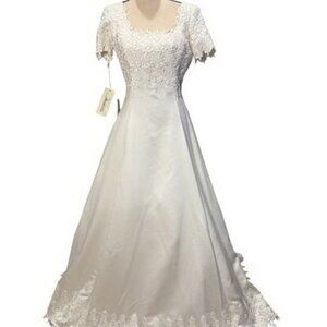 Demetrios Matte White Satin Lace Embroidered Wedding Gown